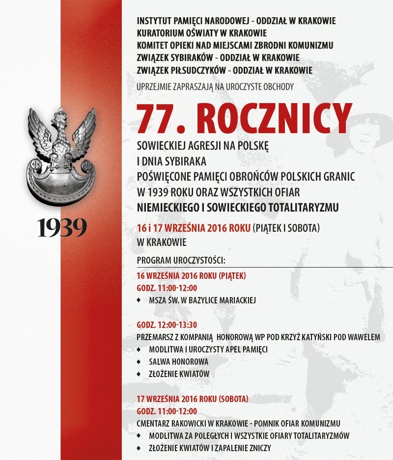 Uroczyste obchody 77. rocznicy agresji sowieckiej na Polskę i Dnia Sybiraka - Kraków. 16-17 września 2016 r